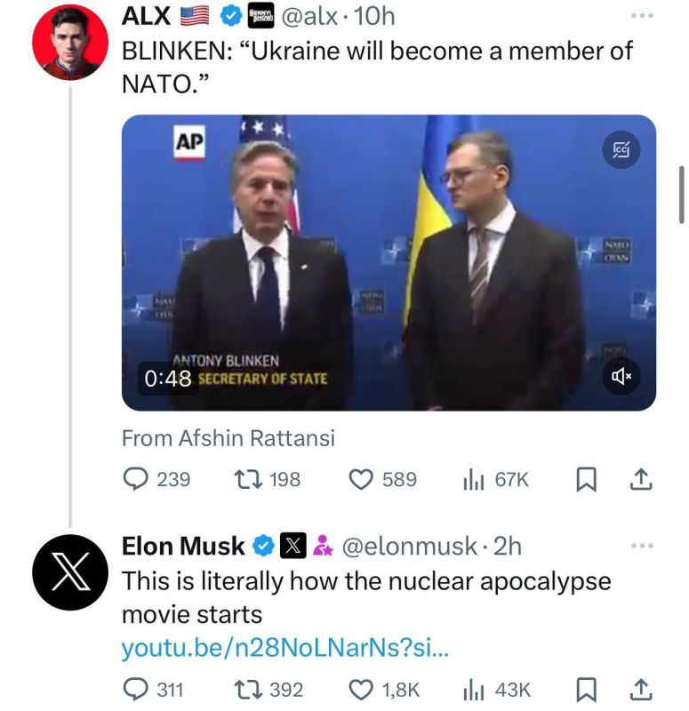Илон Маск сравнил идею вступления Украины в НАТО с началом фильма о ядерном апокалипсисе