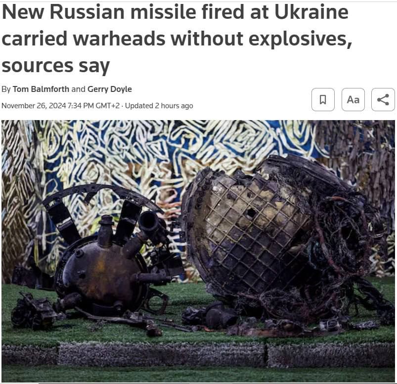 Олег Царёв: У новой российской ракеты, выпущенной по Днепру, была боеголовка без взрывчатки, сообщает Reuters со ссылкой на два высокопоставленных источника в украинском правительстве