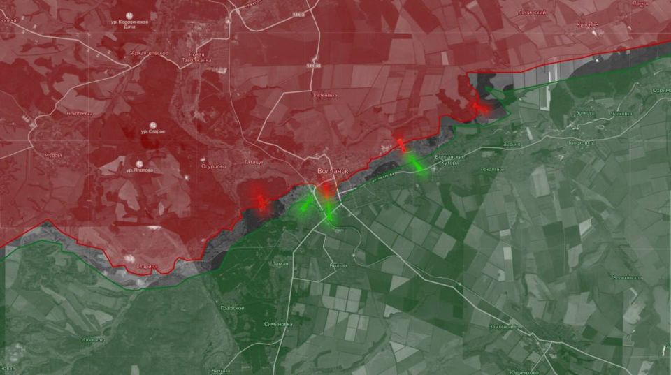 «На Харьковском направлении российские войска продвигаются в лесу западнее Синельниково, окружая украинские подразделения 57 омпбр и 127 отмбр