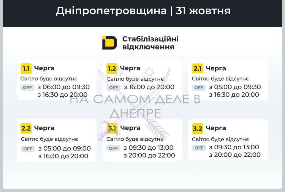 Днепропетровская область, график отключения электроэнергии