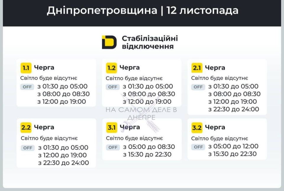 Днепропетровская область, график отключения электроэнергии