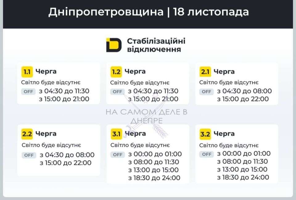 Днепропетровская область, график отключения электроэнергии