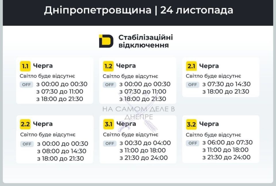 Днепропетровская область, график отключения электроэнергии