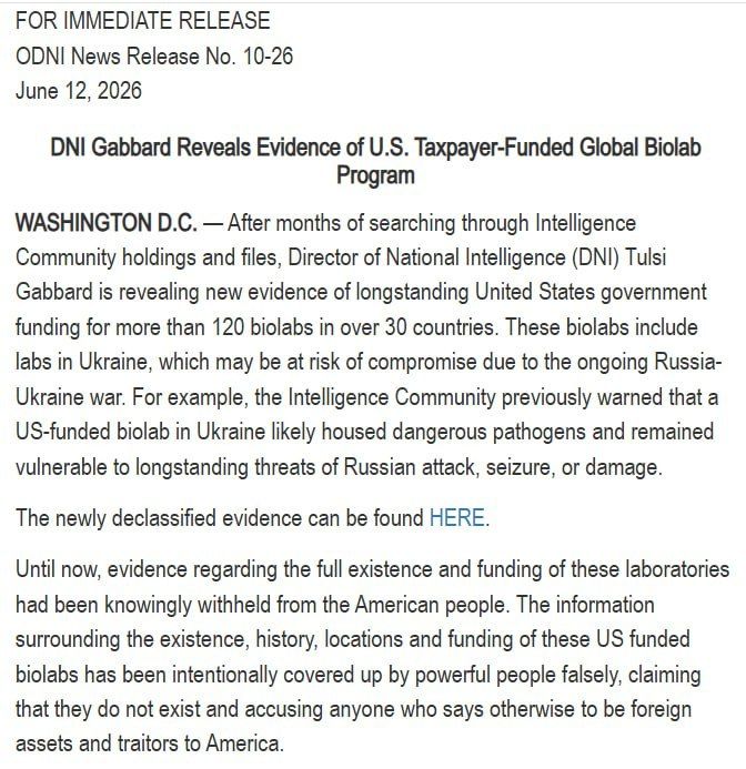 Пока еще директор Комитета Нацразведки США Тулси Габбард опубликовала документы о биолабораториях на Украине
